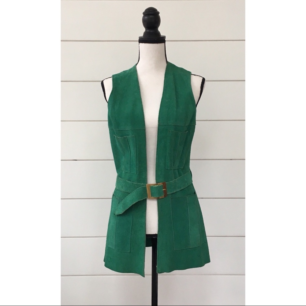 SOLD :: Vintage 60s Green Suede Belted Vest - Picture 1 of 8